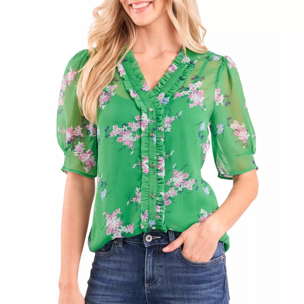 Cece Ruffled Floral Jolly Green Button Up V Neck Blouse